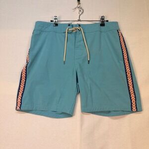 Faherty Brand Mens Board Shorts Size 32 Teal Blue Southwestern Tape Trim Stretch